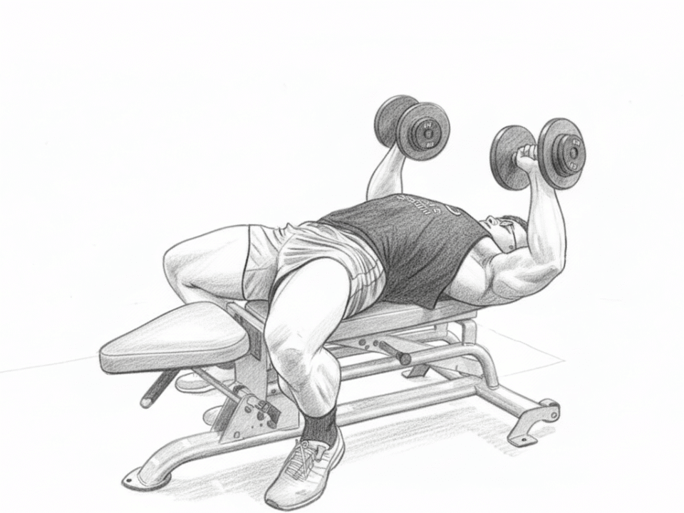 Black and white illustration of a man lying on a weight bench performing and dumbbell bench press exercise.