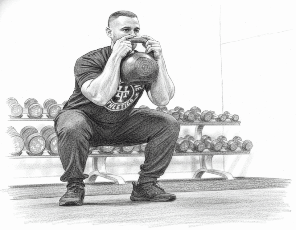 Illustration of a man holding a kettlebell while performing a goblet squat exercise.