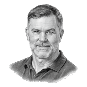 Pencil drawing style illustration of a headshot of Rob Golbeck